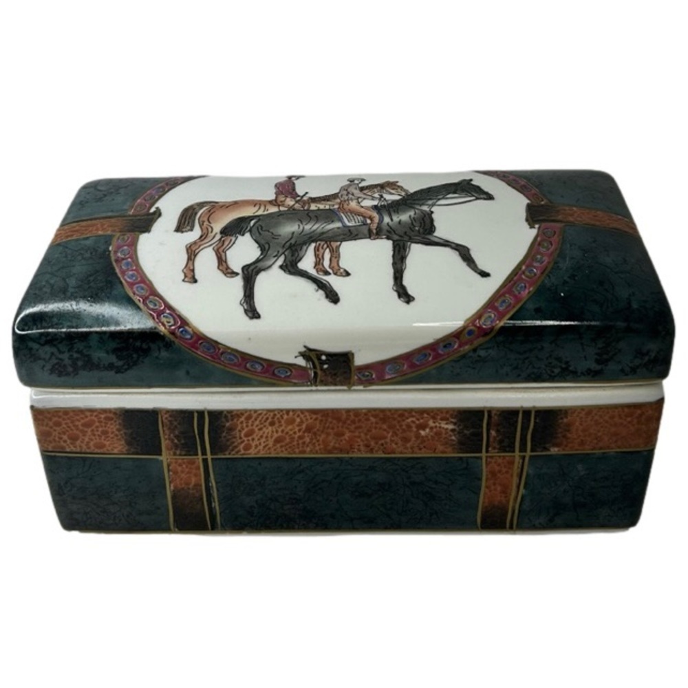 Vintage Heavy Rectangular Porcelain Ceramic  Trinket Box Equestrian Theme